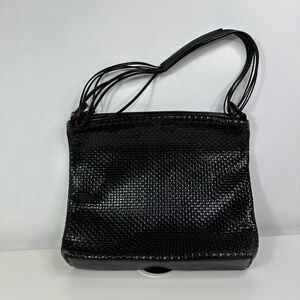 Laura Ashley Black Woven Shoulder Bag With Leather Trim & Zipper Closure